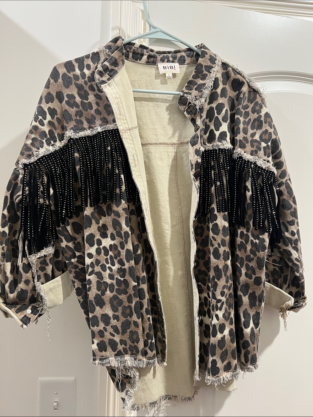 BiBi Leopard Fringe Rhinestone Trim Jacket - Brown & Black